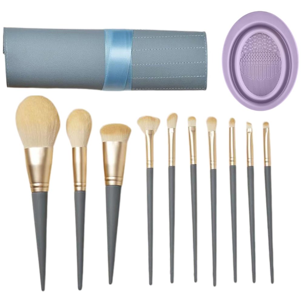 10pcs Makeup Brushes Ultra Soft Premium Synthetic Kabuki Foundation Powder Eyeshadow Makeup Brush Set with Makeup Brushes Cleaner Pad Make up Tool (10 Brush Set +PU Bag + Cleaner Pad)