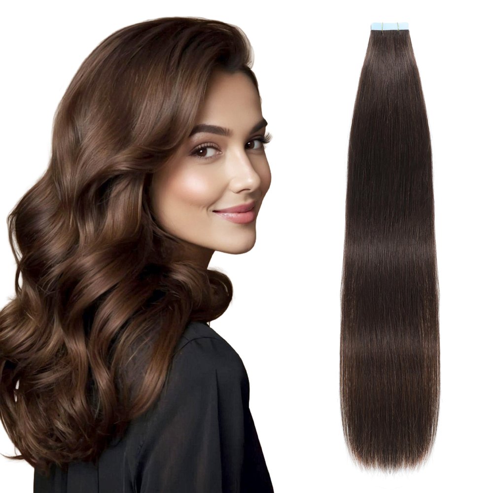 Tape in Hair Extensions Human Hair 12 Inch Dark Brown 20pcs 40g/pack Straight Seamless Weft Skin Invisible Thick Human Hair Tape in Extensions for Women (#2, 12 Inch)