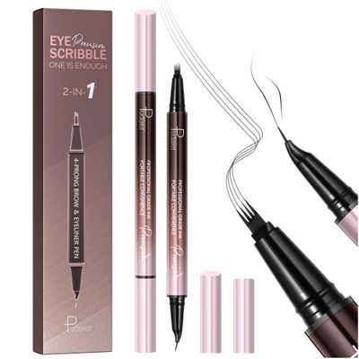 2 Pack Eyebrow Pen, Waterproof Microblading Eyebrow Pencil, 2-in-1 4 Tip Eye Brow Makeup Pen for Women with Precise Curved Brush-Tip Create Natural Hair-Like Brows, Last All-Day (Natural Black)