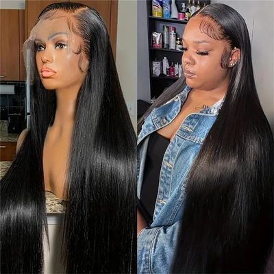 13x4 HD Glueless Wigs For Black Women, Transparent Lace Frontal Wigs Human Hair 180% Density, Straight Human Hair Pre Plucked With Natural Hairline Baby Hair Wigs (32 Inch)