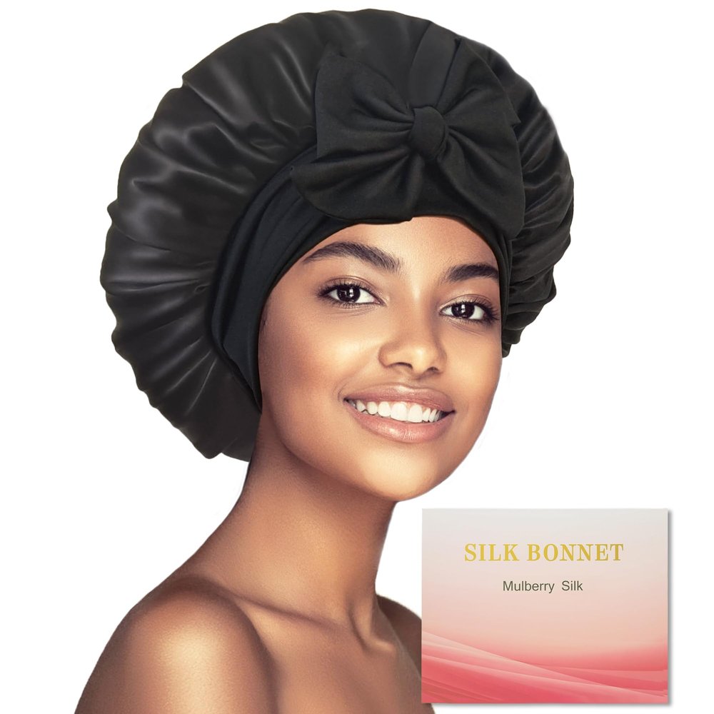 100% Mulberry Silk Bonnet for Sleeping Women, Real Silk Bonnet with Tie Band, Large Sleep Bonnets for Women, Double-Layer Sleep Cap for Braids Curly Hair
