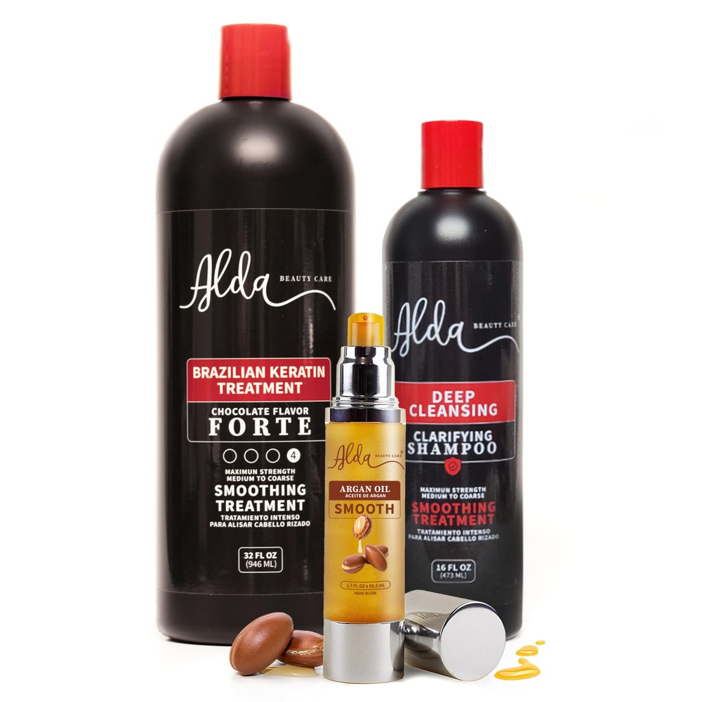 Alda Beauty Care - Brazilian Keratin Hair Treatment Set, Chocolate Forte Smoothing Treatment, Clarifying Shampoo, Argan Oil, 16 fl oz (32 fl oz)