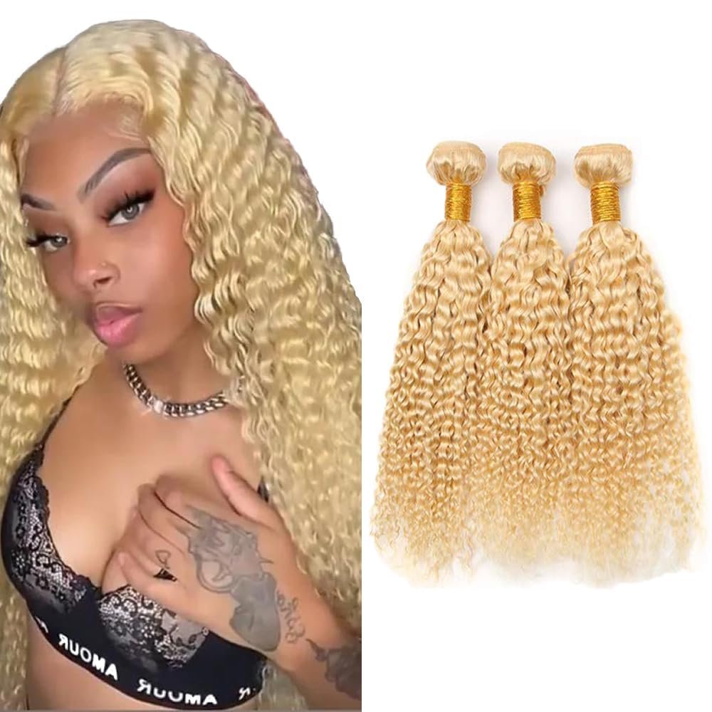 Michanliana Gold Blonde 613 Human Hair Bundles 10 12 14 Inch Water Wave Bundles Human Hair 12A Raw Unprocessed Virgin Quick Weave Hair for Black Women Gold Blonde 613 Color