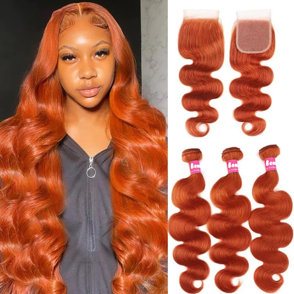 10A Ginger Human Hair Bundles with Closure Body Wave 22 24 26+20inch, Unprocessed Brazilian Raw Bundles Human Hair with Closure Brazilian Body Wave Ginger Closure with Bundles