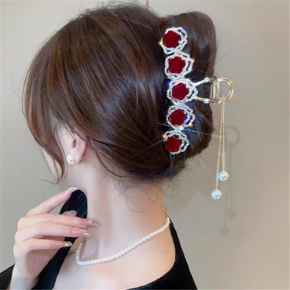 FMURY Red rose glitter diamond tassel hair grip clip female back of shark clip bride cheongsam toast dress hair accessories