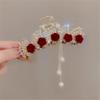 FMURY Red rose glitter diamond tassel hair grip clip female back of shark clip bride cheongsam toast dress hair accessories view 3
