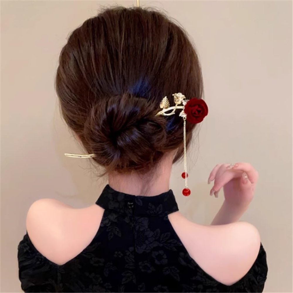FMURY Chinese rose hairpin ancient tassel hairpin vintage bridal coiffure headwear