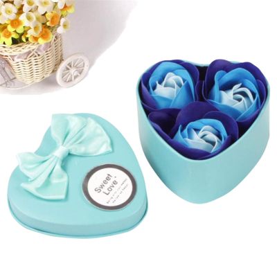 3Pcs Heart Scented Bath Body Petal Rose Flower Soap,Plant Essential Rose Soap Set, Gifts Ideas for Her Women Girls Mom Birthdays Christmas (Blue)