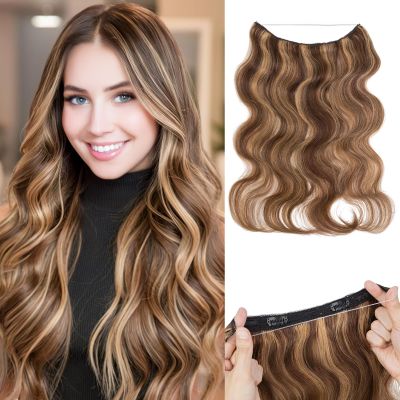 SEGO Pro Halo Hair Extensions Real Human Hair Wavy Invisible Wire Hairpiece Adjustable One Piece With 2 Secure Clips For Women to Add Length,14inch 4P27 Medium Brown mixed Dark Blonde,60g