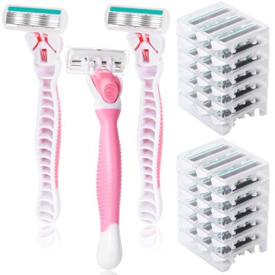 Lasnten 39 Pcs Disposable Women Razors 6 Blade Sensitive Skin Shaving Razor Set Include 3 Non Slip Handles and 36 Refills(Pink)