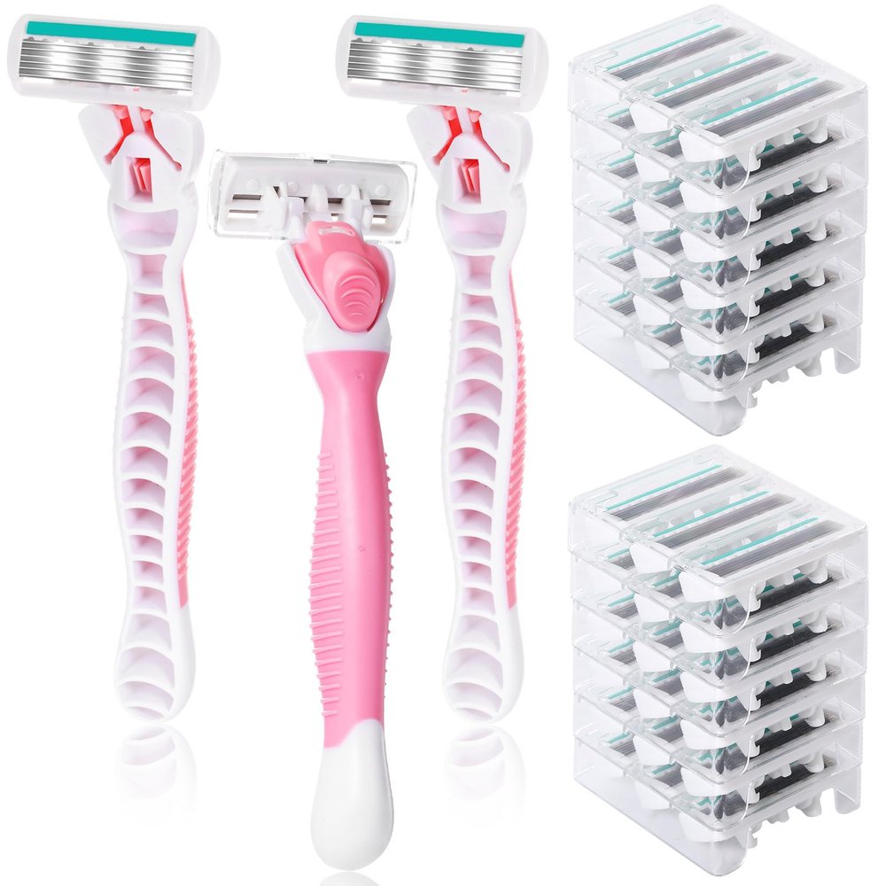 Lasnten 39 Pcs Disposable Women Razors 6 Blade Sensitive Skin Shaving Razor Set Include 3 Non Slip Handles and 36 Refills(Pink)