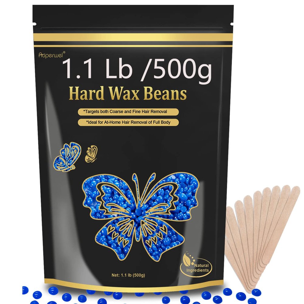 Auperwel Wax Beads for Hair Removal, 1.1LB Painless Salon Hard Wax Beans for Bikini, Eyebrow Facial, At Home Pearl Waxing Beads for Sensitive Skin with 20 Spatulas for Women Men(Chamomile)