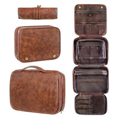 3-In-1 Large Personalized PU Leather Toiletry Bag, Hanging Toiletry Bag Removable Bag PU Leather (Red brown)