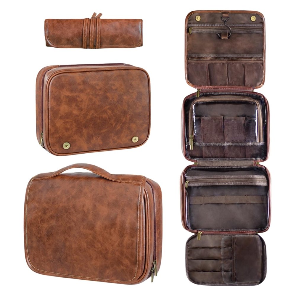 3-In-1 Large Personalized PU Leather Toiletry Bag, Hanging Toiletry Bag Removable Bag PU Leather (Red brown)
