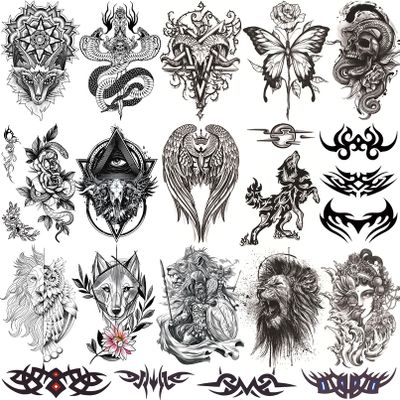 16 Sheets Black Scary Realistic Temporary Tattoos for Men and Women, Half Arm Waterproof Temp Tattoo Stickers Adults, Hand and Body Art Dragon Flower for BBQ Pool Beach Party