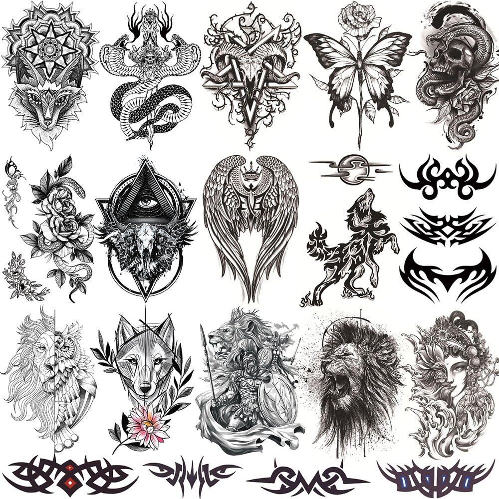 16 Sheets Black Scary Realistic Temporary Tattoos for Men and Women, Half Arm Waterproof Temp Tattoo Stickers Adults, Hand and Body Art Dragon Flower for BBQ Pool Beach Party