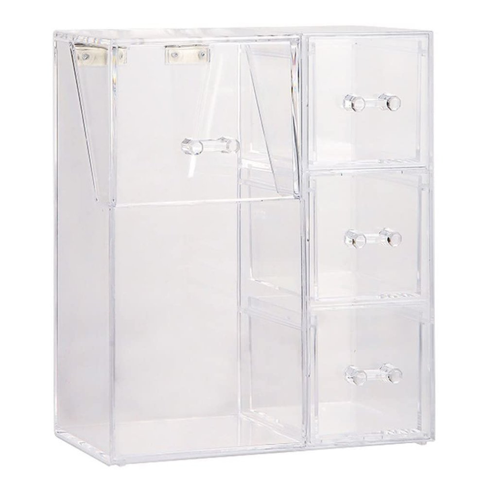 Acrylic Makeup Organizer Clear Cosmetic Brush Holder with Dustproof Lid 3 Drawers