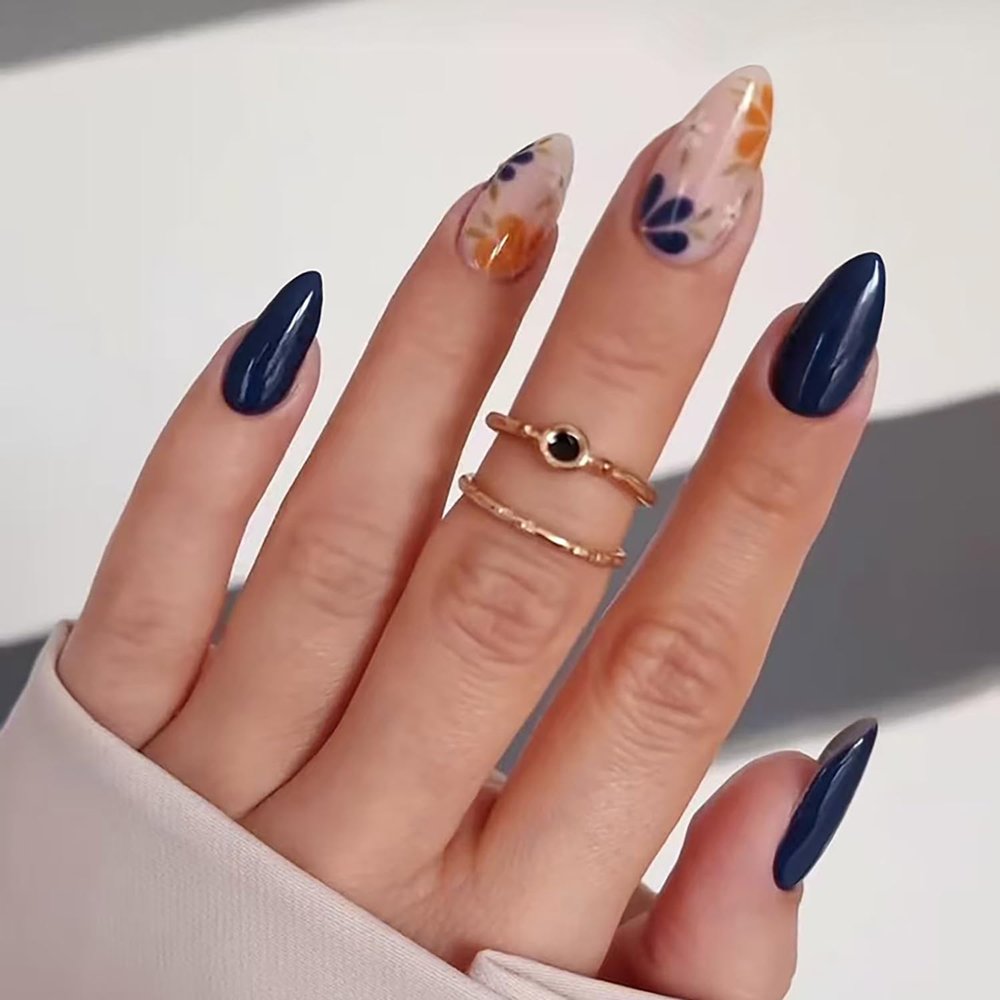 24Pcs Flower Press on Nails Almond Shaped Medium Fake Nails Spring Floral Acrylic Nails Yellow Daisy False Nails Stiletto Glue on Nails Blue Full Cover Glossy Artificial Nails for Women Girls Manicure