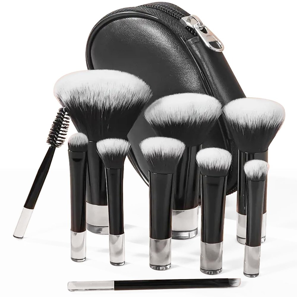 10 Pcs Mini Makeup Brush Travel Size Set With Brush Pouch, Portable Small Full Complete Function Cosmetic Brushes Kit for Women and Girls On the Go (Black)