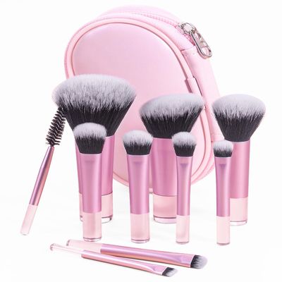 10 Pcs Mini Makeup Brush Travel Size Set With Brush Pouch, Portable Small Full Complete Function Cosmetic Brushes Kit for Women and Girls On the Go (Pink)