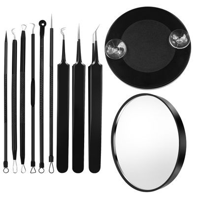 9 Pack Pimple Popper Tool Kit, 1Pack Magnifying Mirror Suction Cup, Blackhead Remover Tools, Quickly and Easily Removes Acne and Blackheads, Precision Eyebrow Tweezers for Facial Hair (Black)
