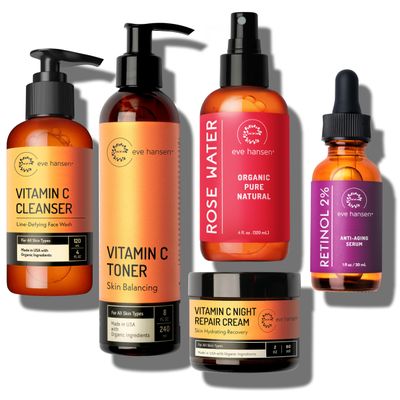 Eve Hansen Night Skincare Bundle  Vitamin C Cleanser, Vitamin C Toner, Rose Water, Retinol Serum & Night Repair Cream  Hydrating & Nourishing Skincare for All Skin Types