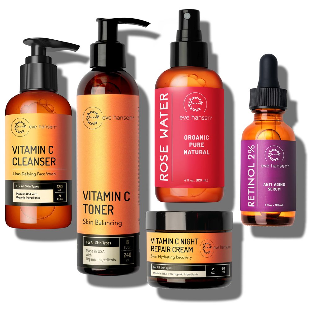 Eve Hansen Night Skincare Bundle Vitamin C Cleanser, Vitamin C Toner, Rose Water, Retinol Serum & Night Repair Cream Hydrating & Nourishing Skincare for All Skin Types