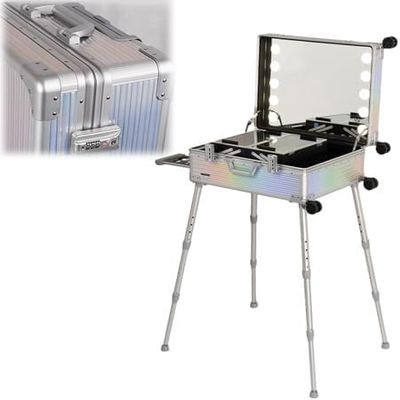 Rolling Makeup Case Extra Large Aluminium Trolley Makeup Train Case With Built-in LED Lights Professional Cosmetic Storage Studio With Stand Rolling Illuminated Makeup Stand(Dazzling Stripes,24-inch)