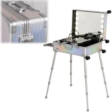 Rolling Makeup Case Extra Large Aluminium Trolley Makeup Train Case With Built-in LED Lights Professional Cosmetic Storage Studio With Stand Rolling Illuminated Makeup Stand(Dazzling Stripes,24-inch)