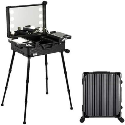 Rolling Makeup Case Professional Artist Cosmetic Travel Organiser With Mirror And Light Aluminium Striped Salon Makeup Case(Black Stripe,22-inch)