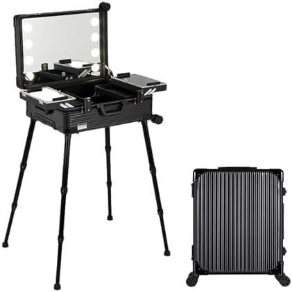 Rolling Makeup Case Professional Artist Cosmetic Travel Organiser With Mirror And Light Aluminium Striped Salon Makeup Case(Black Stripe,22-inch)