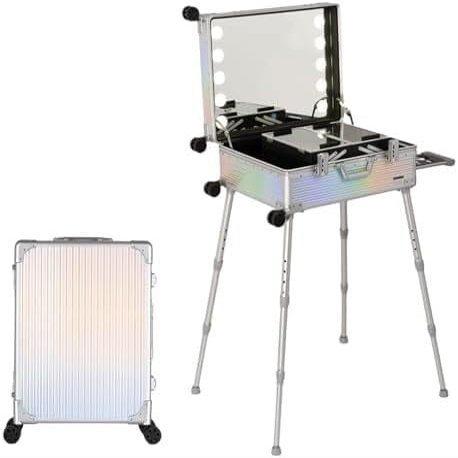 Rolling Makeup Case With LED Lights Aluminium Trolley Makeup Train Case Professional Cosmetic Makeup Case Studio With Stand Rolling Makeup Table Portable Makeup Case With Lighting(22-inch)