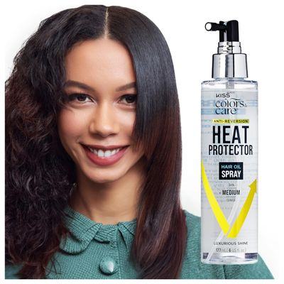 KISS Colors & Care Anti-Reversion Heat Protector Hair Oil Spray for Medium/Normal Hair, 177mL (6 fl. oz.), Lightweight & Nourishing Formula, Protects from Heat Damage for Frizz-Free Styles