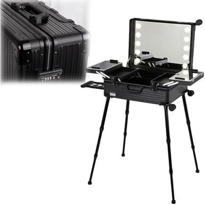 Rolling Cosmetic Case Rolling Makeup Case Aluminum Trolley Makeup Train Case With LED Lights Professional Cosmetic Organizer Studio Wheels And Stands Rolling Lighted Makeup Vanity Station(Black Stripe