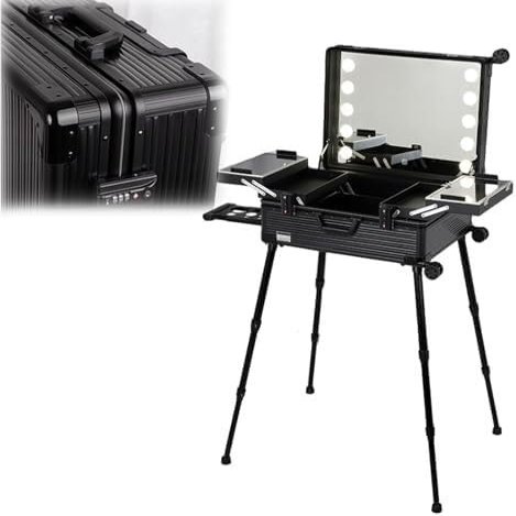 Rolling Cosmetic Case Rolling Makeup Case Aluminum Trolley Makeup Train Case With LED Lights Professional Cosmetic Organizer Studio Wheels And Stands Rolling Lighted Makeup Vanity Station(Black Stripe