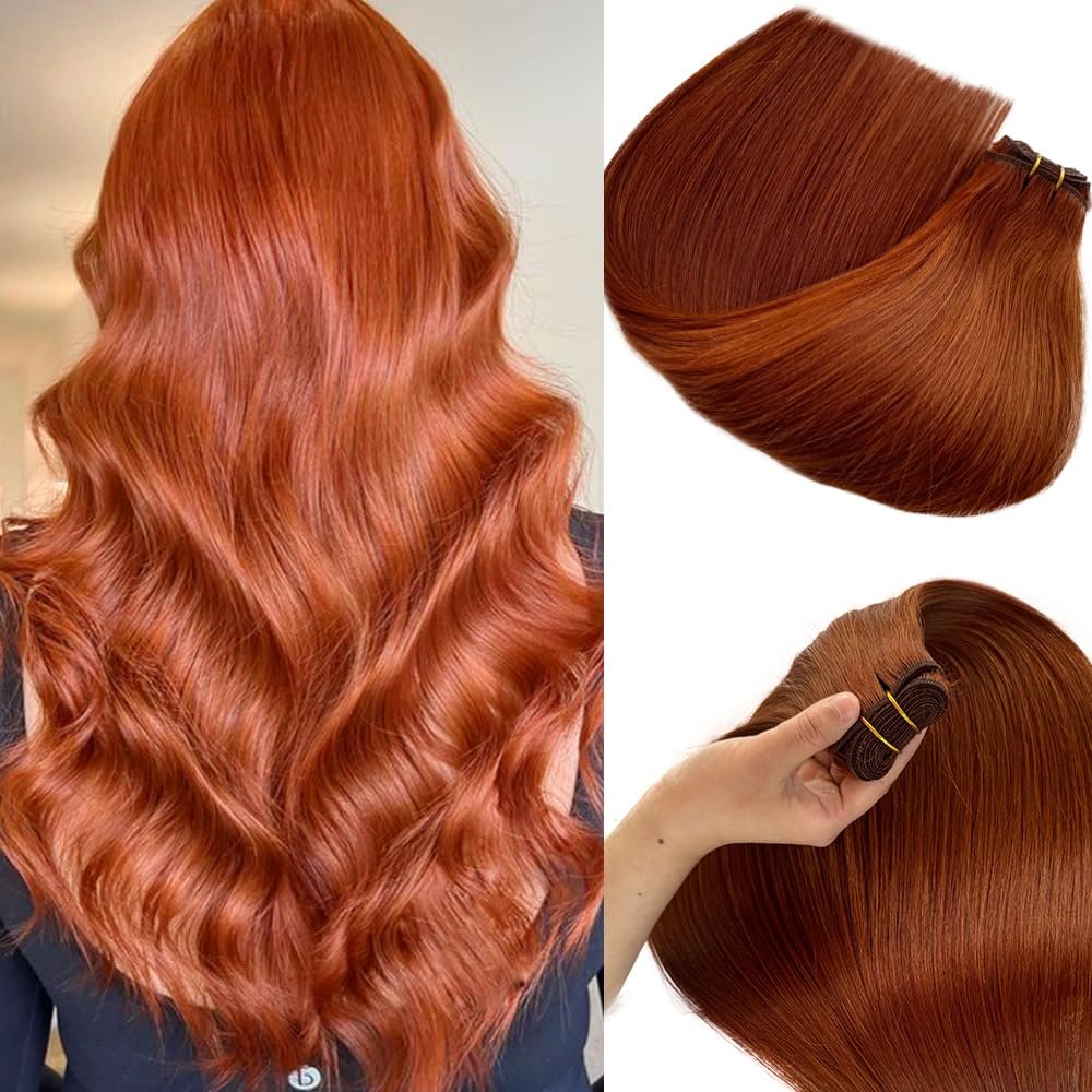 Reddish Brown Straight Sew in Human Hair Extensions Double Weft Copper Red Bundles 12 Inch 80Gram Unprocessed Brazilian Virgin Remy Hair for Women Light Auburn Brown Hand Tied Bundle