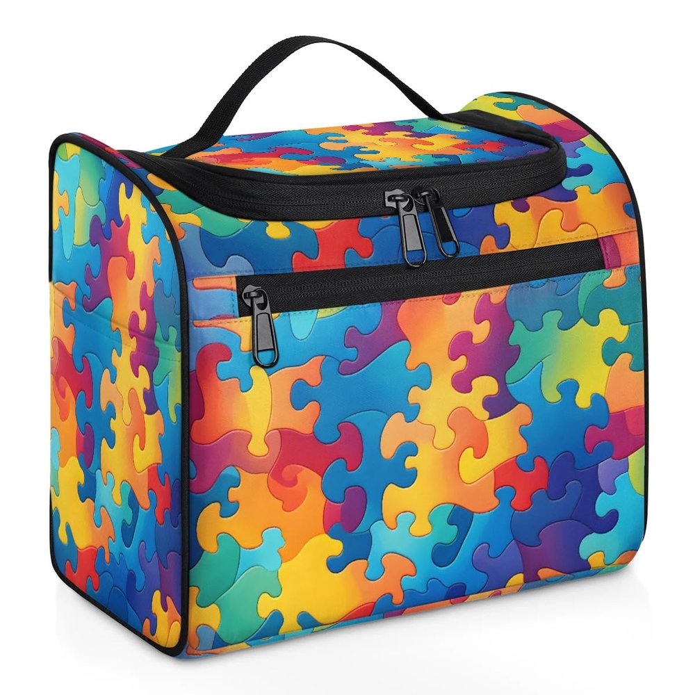 Autism Colorful Background Toiletry Bag for Women, Hanging Travel Toiletry Bag, Water-resistant Cosmetic Makeup Organizer for Toiletries and Cosmetics, Bathroom Shower Bag with Handle and Hook