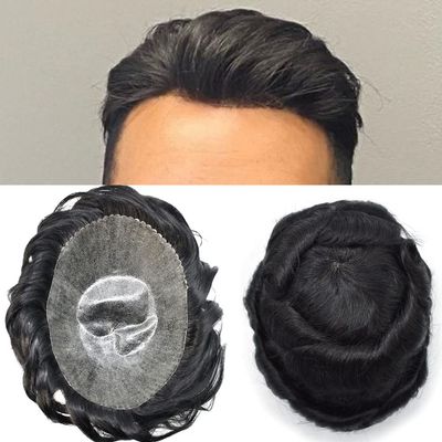 Toupee for Men Thin Skin PU Injection Mens Wig Unit Real Natural Human Hair Piece Mens Replacement System (#1B20 Natural Black With 20% Gray, 7''X9'')