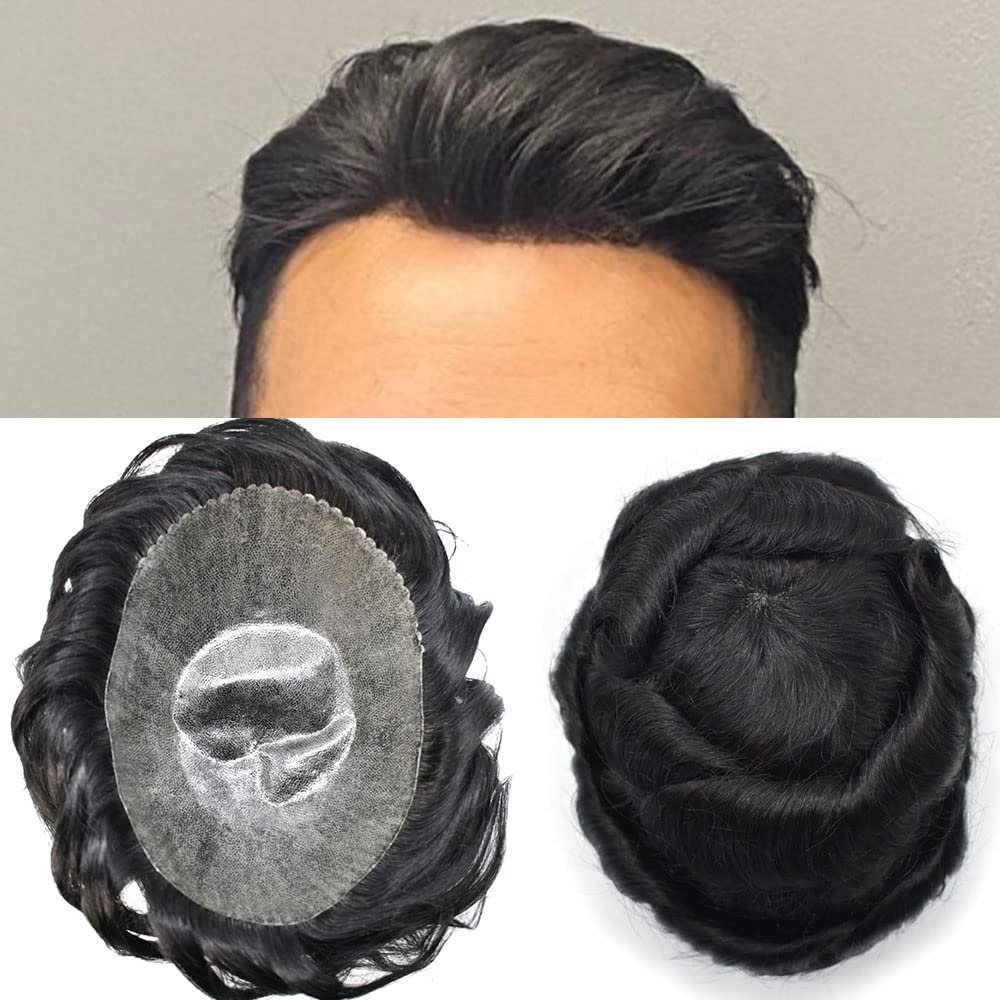 Toupee for Men Thin Skin PU Injection Mens Wig Unit Real Natural Human Hair Piece Mens Replacement System (#1B20 Natural Black With 20% Gray, 7''X9'')