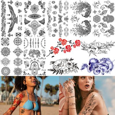 11 Sheets Tribal Black Realistic Temporary Tattoos For Women Girls, Waterproof Fake Tattoos Temporary Elephant Ganesha Lace Tattoo Kits, Lotus Mandala Flower Tatoo Sticker Neck Chest Arm Butterfly