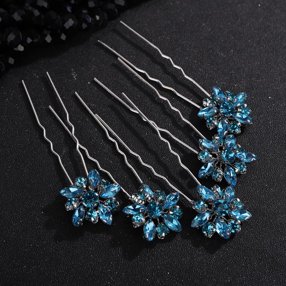 Rumtock 5pcs Lake Blue Rhinestones Hair Pins Set Wedding Bridal Bridesmaid Hair Accessories Handmade Pieces for Women (Lake)