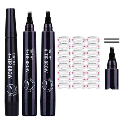 3PCS Microblading Eyebrow Pencils with 24 Eyebrow Stencils,Waterproof Liquid Eyebrow Pen,Magical Precis Eyebrow Contouring Pen,4 Tip Micro Brow Pencils,Smudge-proof Eye Brow Pencils (Black)