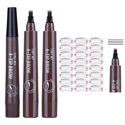 3PCS Microblading Eyebrow Pencils with 24 Eyebrow Stencils,Waterproof Liquid Eyebrow Pen,Magical Precis Eyebrow Contouring Pen,4 Tip Micro Brow Pencils,Smudge-proof Eye Brow Pencils (Grey)