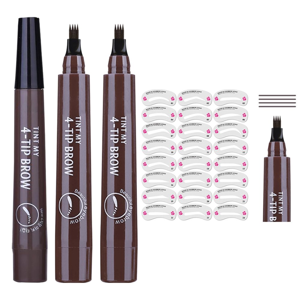 3PCS Microblading Eyebrow Pencils with 24 Eyebrow Stencils,Waterproof Liquid Eyebrow Pen,Magical Precis Eyebrow Contouring Pen,4 Tip Micro Brow Pencils,Smudge-proof Eye Brow Pencils (Grey)
