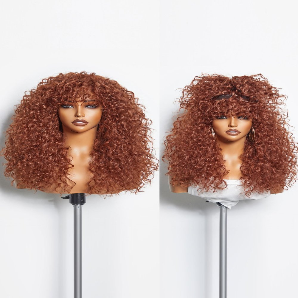 GORGIUS Veralux Blend Human Hair Ginger Curly Wig with Bangs Glueless Synthetic Curtain Bang Wigs with Realistic Scalp Put On and Go Beginner Friendly 20 Inch