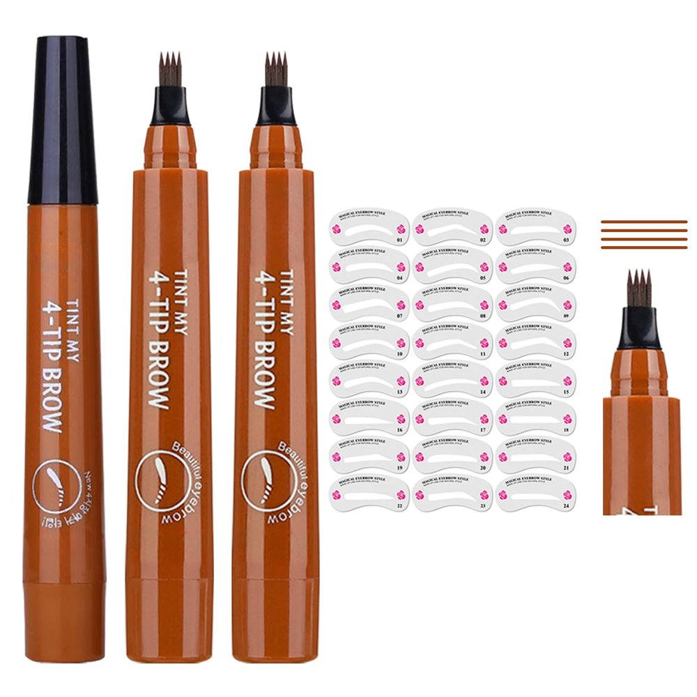 3PCS Microblading Eyebrow Pencils with 24 Eyebrow Stencils,Waterproof Liquid Eyebrow Pen,Magical Precis Eyebrow Contouring Pen,4 Tip Micro Brow Pencils,Smudge-proof Eye Brow Pencils (Light Brown)