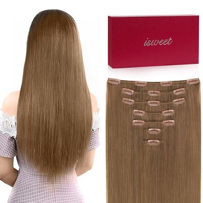 Straight Clip in Hair Extensions Real Human Hair, 7Pcs 18 Inch 105g #14 Golden Brown Invisible Natural Soft Real Human Hair Extensions Clip ins, Double Weft Hair Extensions Real Human Hair for Women
