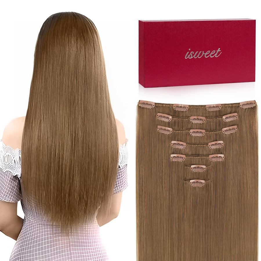 Straight Clip in Hair Extensions Real Human Hair, 7Pcs 18 Inch 105g #14 Golden Brown Invisible Natural Soft Real Human Hair Extensions Clip ins, Double Weft Hair Extensions Real Human Hair for Women