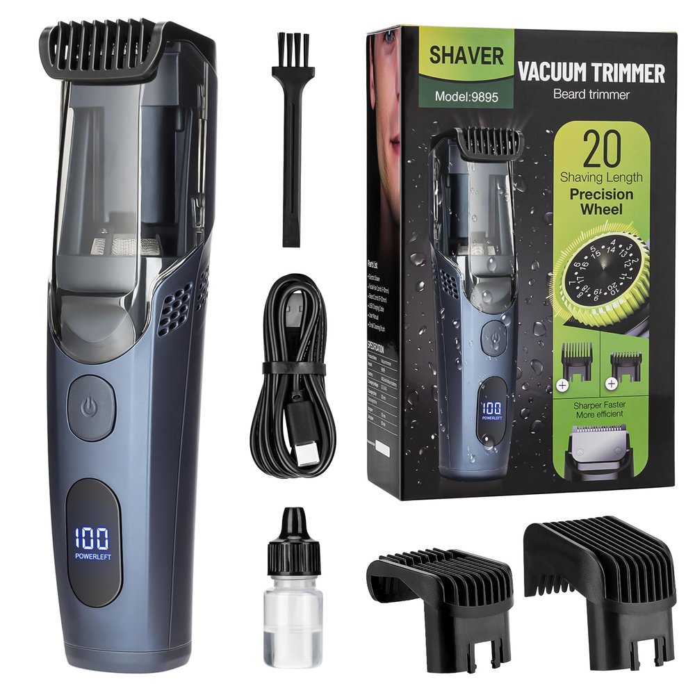 Vacuum Beard Trimmer for Men with 20 Length and Styles Adjustable, Built-in Vacuum Trimmer for Mustache, Sideburns, Facial Hair, Rechargeable Mustache Trimmer