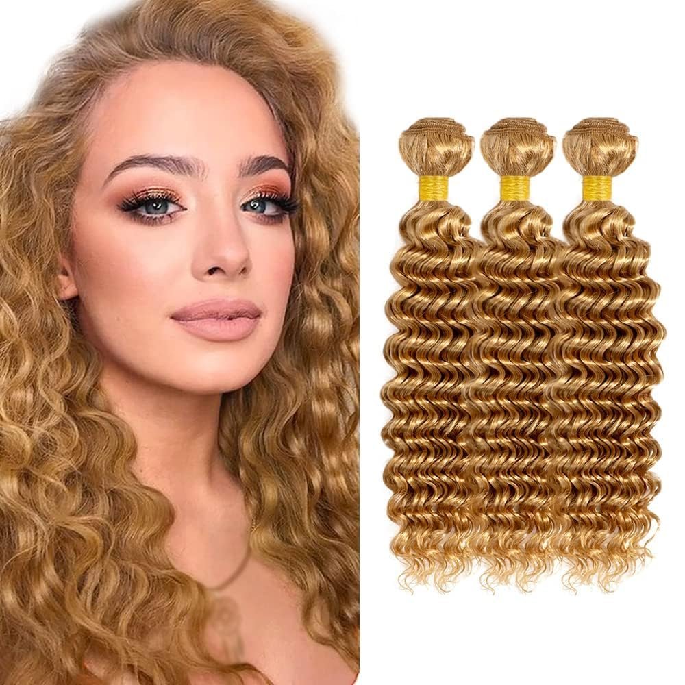 Ubinica Honey Brown 27 Human Hair Bundles 10 12 14 Inch Deep Wave Bundles Human Hair Unprocessed Brazilian Virgin Hair Quick Weave for Black Women